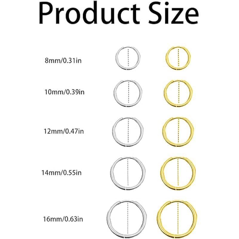 zuylikxy 10Pairs Titanium Earrings Stainless Steel Hoop Earrings Set, 8mm to 16mm Small Huggie Hoops for Women and Men, Cartilage and Ear Piercing Jewelry(Gold, Sliver) - Image 2