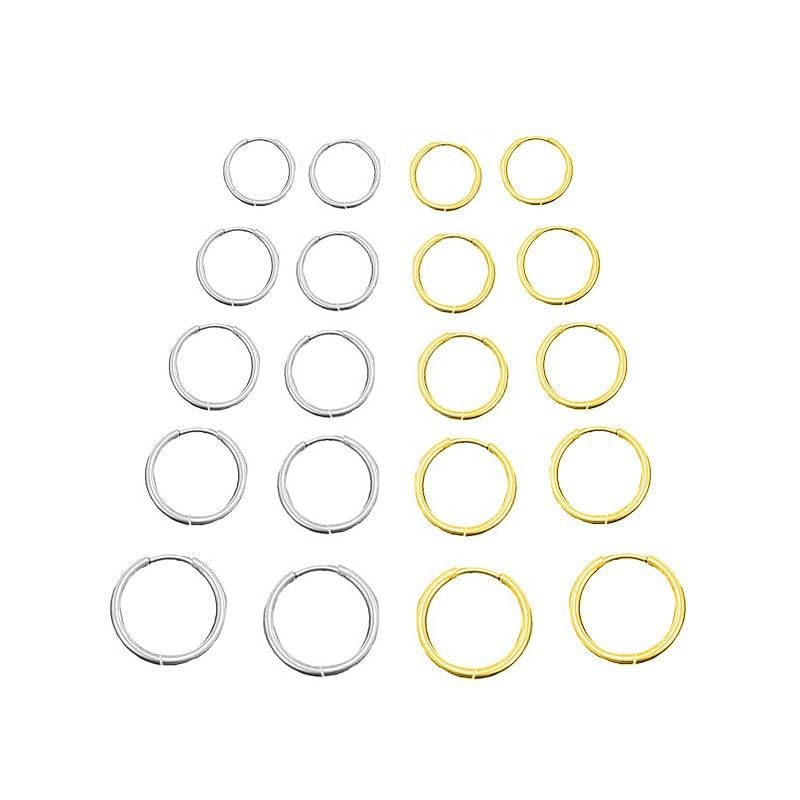 zuylikxy 10Pairs Titanium Earrings Stainless Steel Hoop Earrings Set, 8mm to 16mm Small Huggie Hoops for Women and Men, Cartilage and Ear Piercing Jewelry(Gold, Sliver) - Image 1