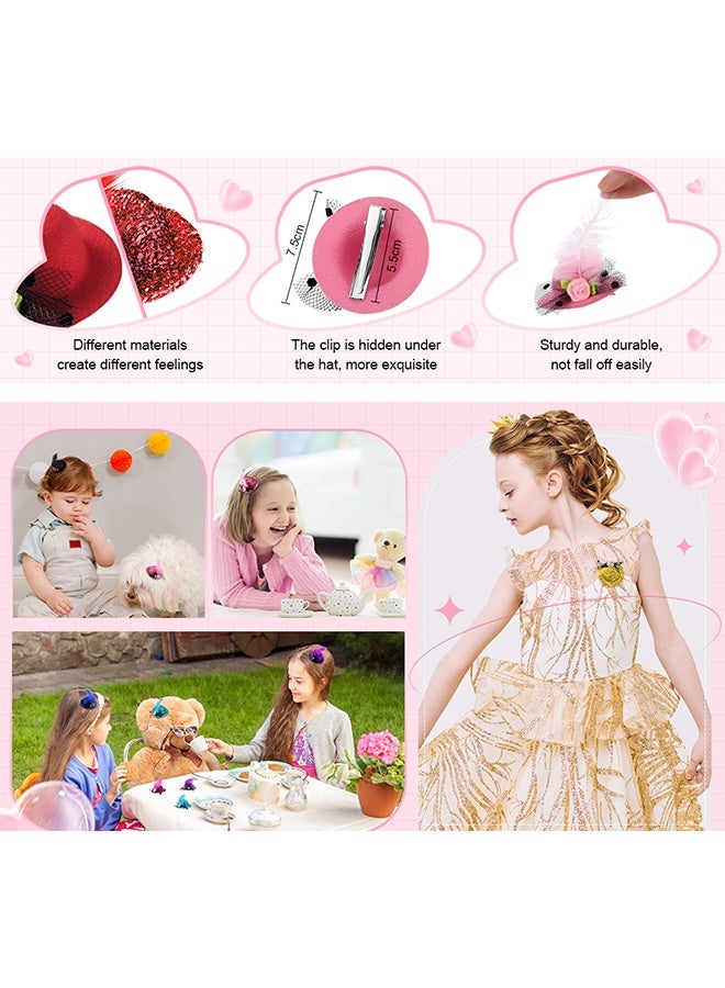 6 Pcs Mini Tea Party Hats for Girl Dress up Hair Fascinators Clip on Tiny Hat with Flower Feather Bow for Kid Toddler Women Costume Accessory, 2.75Inches - Image 2