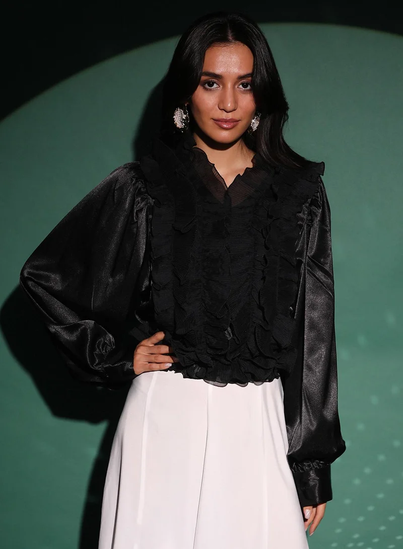 بينيا كولادا PINACOLADA Women's Midnight Black Ruffle Regency Top For Casual Wear | V-Neck | Long Sleeve | Pull On Closure | Top Designed With Comfortable Fit For Woman & Girls