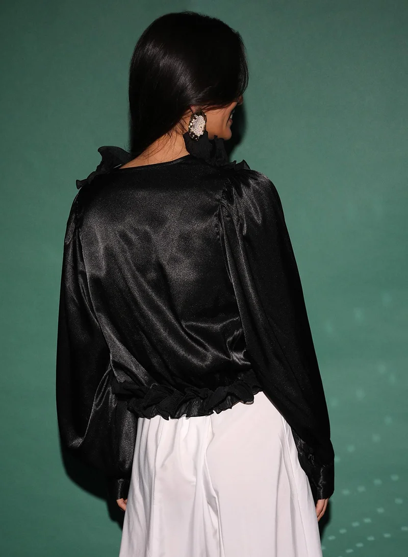 بينيا كولادا PINACOLADA Women's Midnight Black Ruffle Regency Top For Casual Wear | V-Neck | Long Sleeve | Pull On Closure | Top Designed With Comfortable Fit For Woman & Girls