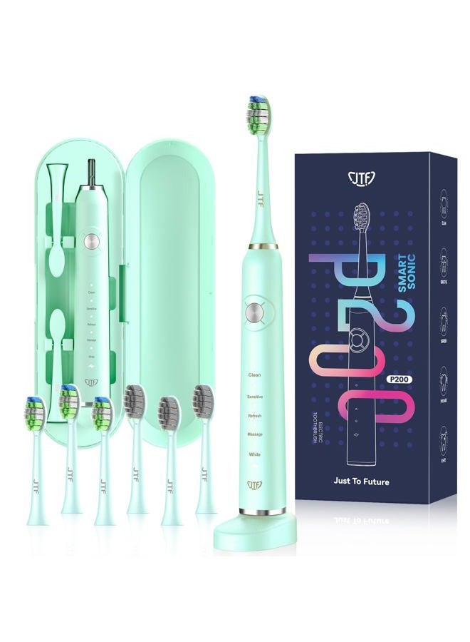 JTF Electric Toothbrush Set with 6 Brush Heads & Travel Case, Long-Life Battery Charging 12 Hours for 60 Days Use, 5 Modes with Smart Timer, Sonic Electronic Toothbrush for Teens & Adults, Green - Image 1