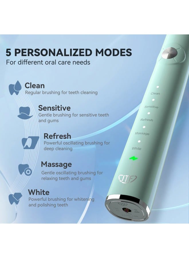 JTF Electric Toothbrush Set with 6 Brush Heads & Travel Case, Long-Life Battery Charging 12 Hours for 60 Days Use, 5 Modes with Smart Timer, Sonic Electronic Toothbrush for Teens & Adults, Green - Image 4