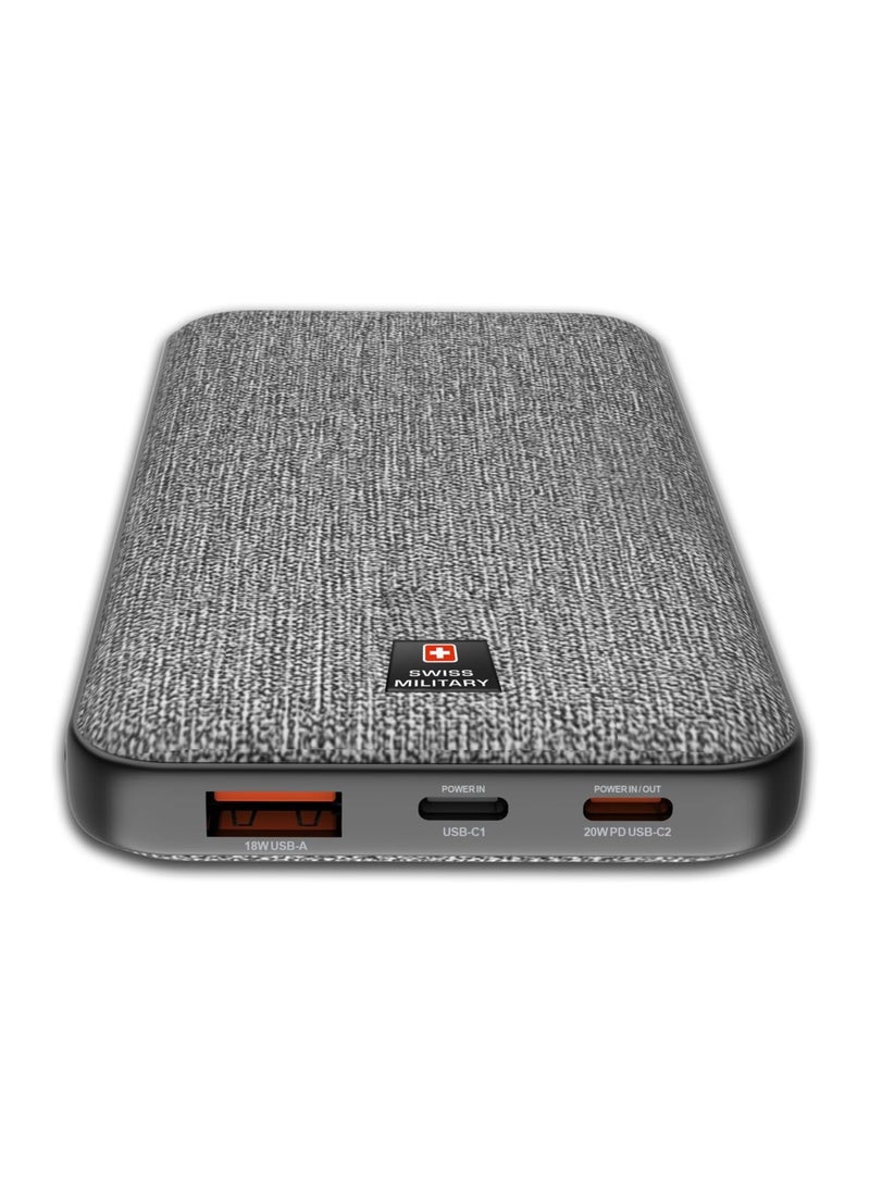 SWISS MILITARY 10000mAh Slim Power Bank (Cable Included) - 20W PD Fast Charging, USB-C & USB-A Ports, LED Indicator, Overcharge Protection for iPhone, Samsung, iPad, Android Tablets - Grey - Image 2