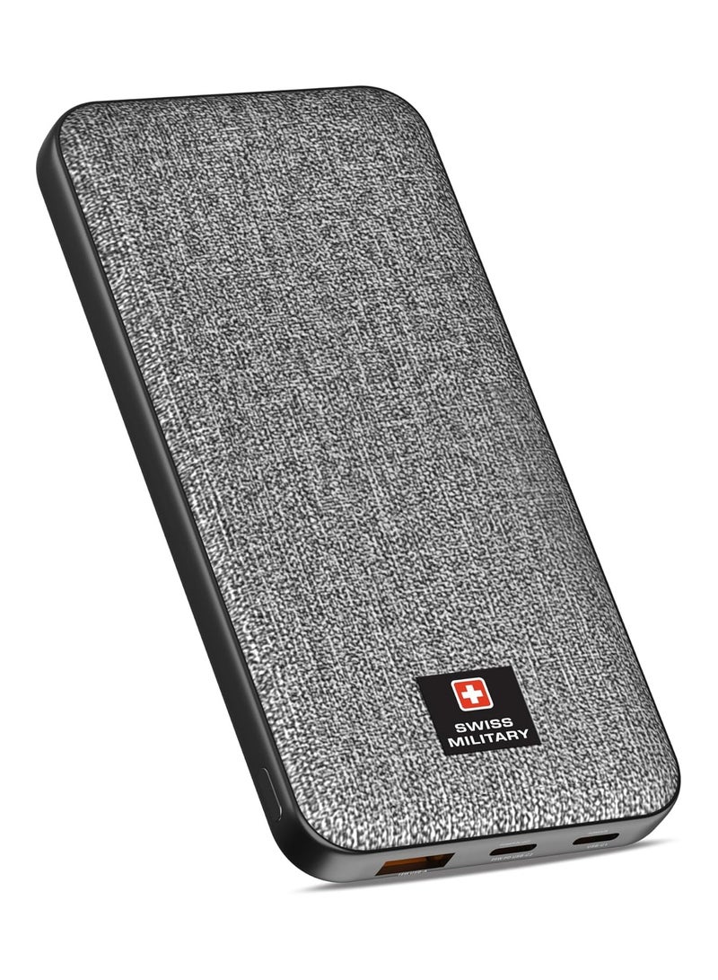 SWISS MILITARY 10000mAh Slim Power Bank (Cable Included) - 20W PD Fast Charging, USB-C & USB-A Ports, LED Indicator, Overcharge Protection for iPhone, Samsung, iPad, Android Tablets - Grey - Image 1