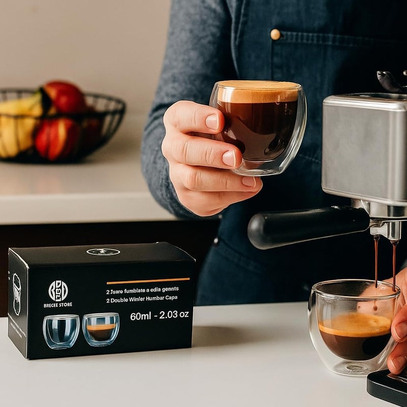 B&S BRIGHTSTONE B&S Double Wall Glass Espresso Cups Set of 2, 60ml Capacity - Heat Resistant Borosilicate Glass - Image 2