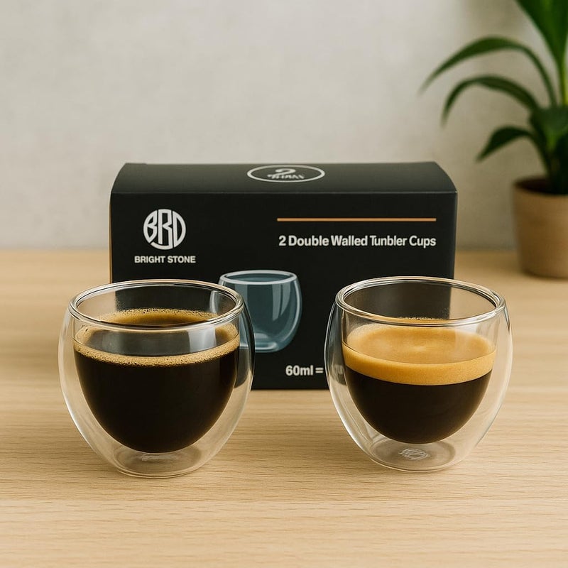 B&S BRIGHTSTONE B&S Double Wall Glass Espresso Cups Set of 2, 60ml Capacity - Heat Resistant Borosilicate Glass - Image 1