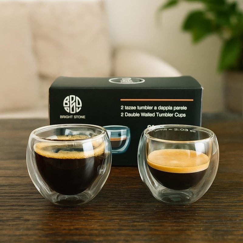B&S BRIGHTSTONE B&S Double Wall Glass Espresso Cups Set of 2, 60ml Capacity - Heat Resistant Borosilicate Glass - Image 3