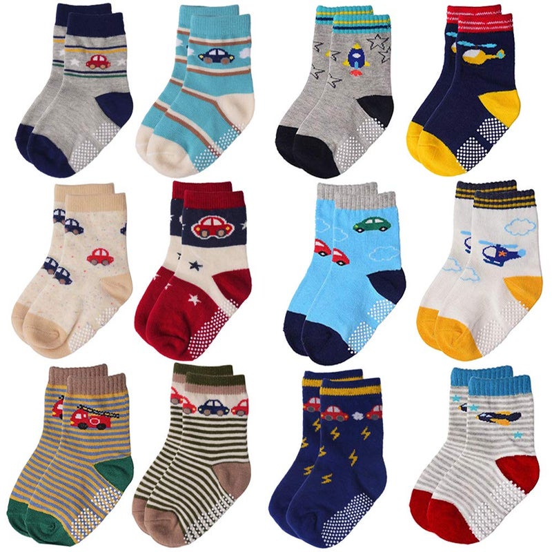 Tphon Toddler Boy Socks with Grips 12 Pairs Kids Anti Slip Cotton Crew Socks for Boys Girls 57 Years