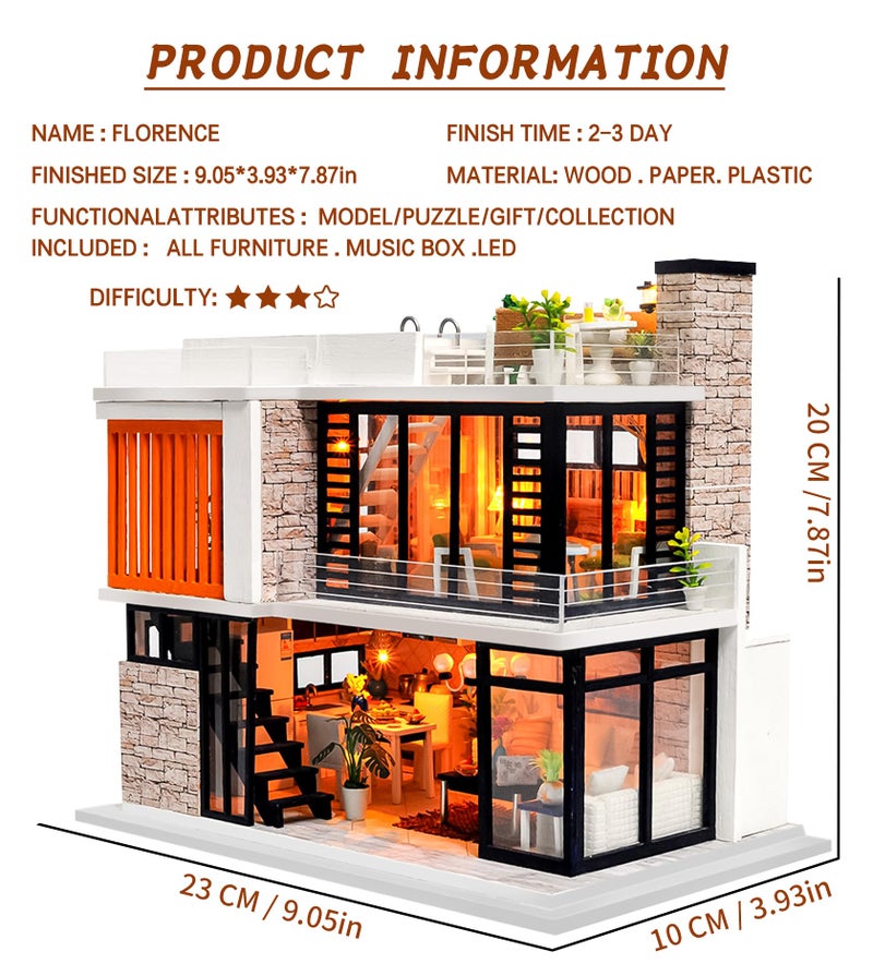 Spilay Dollhouse Miniature with Furniture,DIY Kit Mini Modern Villa Model with Music Box,1:24 Scale Creative Doll House Best Christmas Birthday Gift for Lovers Boys and Girls(Florence) - Image 2