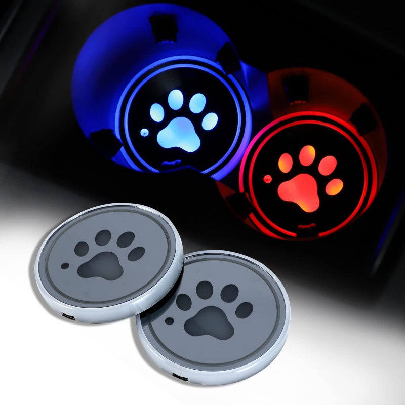 أضواء حامل الأكواب LED من ACODABLEM - عبوة 2 مع بصمة كلب مع 7 ألوان متغيرة وسادة شحن USB مصابيح ديكور داخلية متعددة الألوان