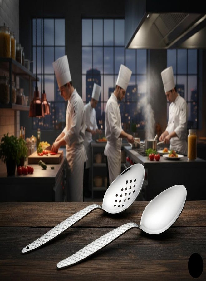 ملعقة الشيف كونز من بنازيند | عبوة من قطعتين | ملعقة احترافية للطهاة مصنوعة من الفولاذ المقاوم للصدأ 18/10، مقاس 9 بوصات، ذات وعاء صلب مطلي بالفضة | ملاعق بمقبض مانع للانزلاق للدهن، وتشكيل الكينيل، والتقديم، والصلصات - Image 2