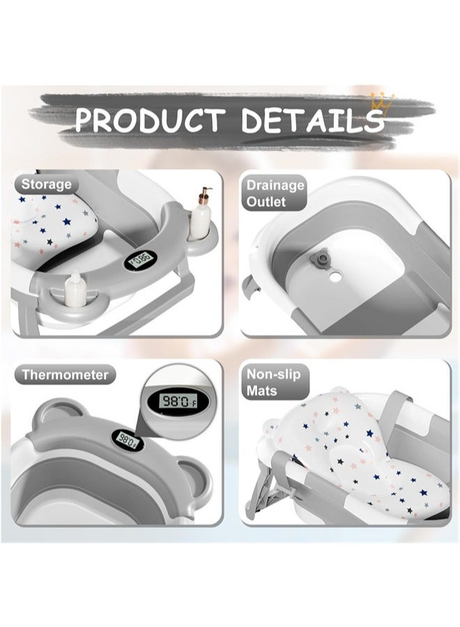 دوركو حوض استحمام للأطفال قابل للطي لحديثي الولادة مع ميزان حرارة ووسادة عائمة ناعمة حوض استحمام محمول للسفر مع فتحة تصريف، أحواض أطفال متينة قابلة للطي للرضع والأطفال الصغار - Image 5