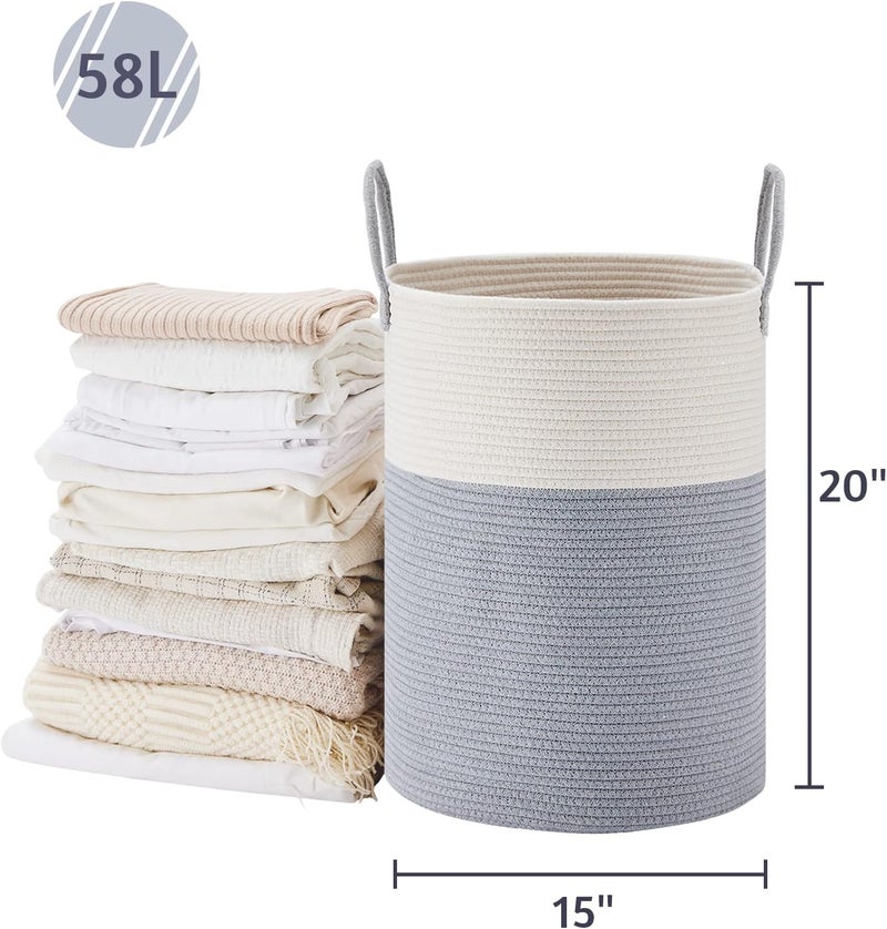 VIPOSCO Large Laundry Hamper, Tall Woven Rope Storage Basket for Blanket, Toys, Dirty Clothes in Living Room, Bathroom, Bedroom - 58L Grey & White - Image 5