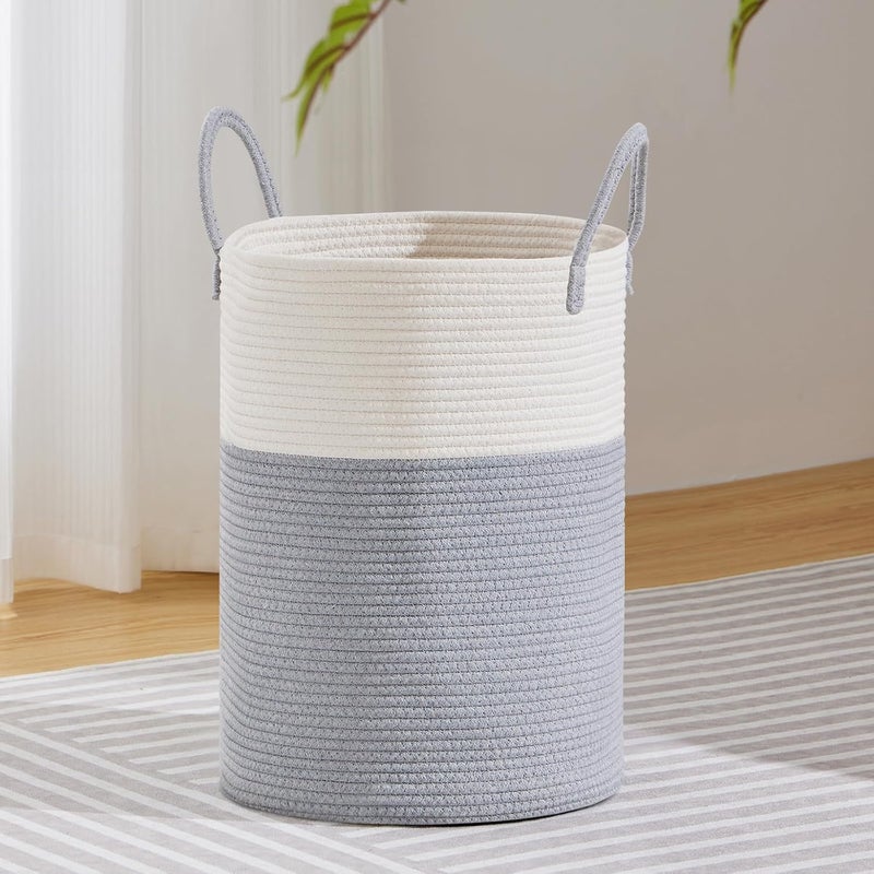 VIPOSCO Large Laundry Hamper, Tall Woven Rope Storage Basket for Blanket, Toys, Dirty Clothes in Living Room, Bathroom, Bedroom - 58L Grey & White - Image 1
