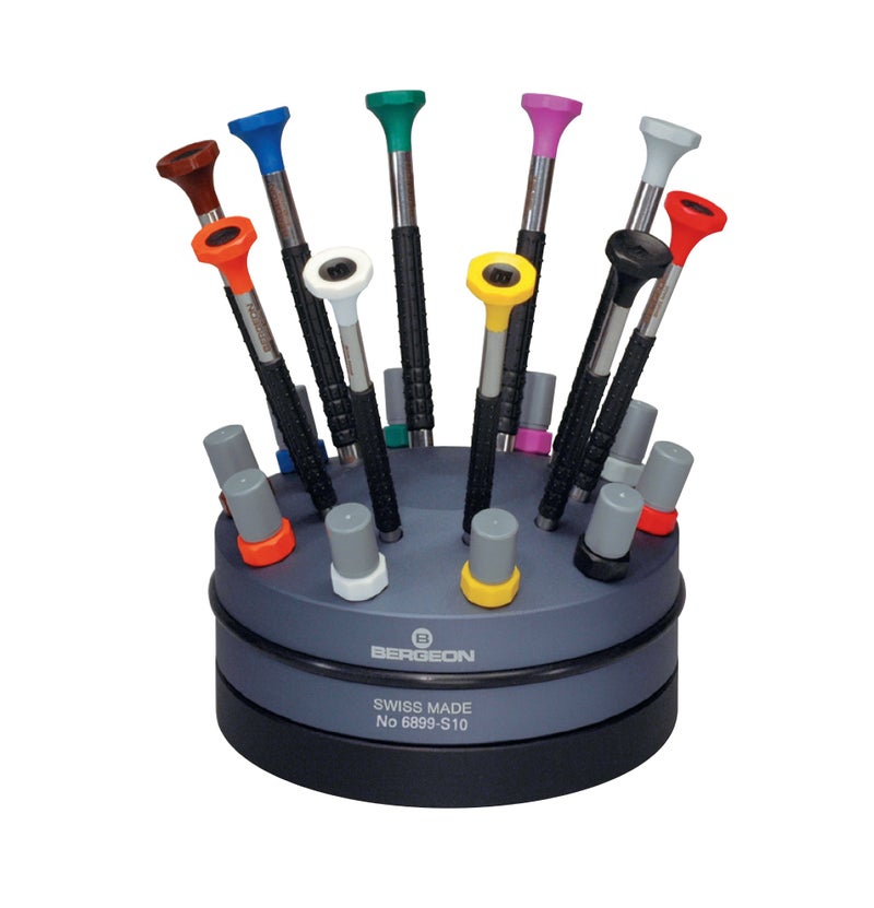 Bergeon 55-604 6899-S10 Rotating Stand with 10 Ergonomic Screwdrivers and 10 Tubes with Spare Blades Watch Repair Kit - Image 1