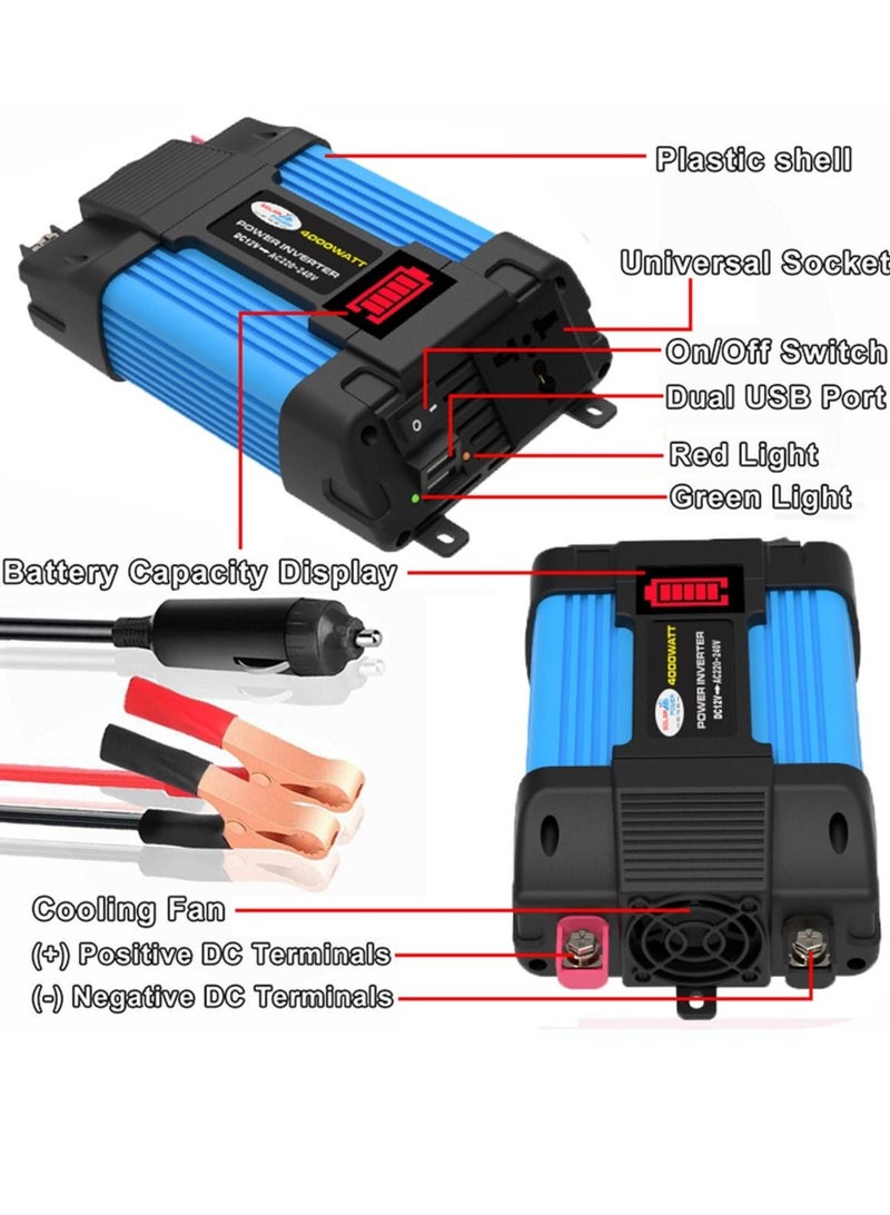 Loquat 4000W Car Power Inverter with LED Voltage Capacity Display, Transformer Converter 12V To 220V  Dual USB Inverter For Car Appliances Blue - Image 5
