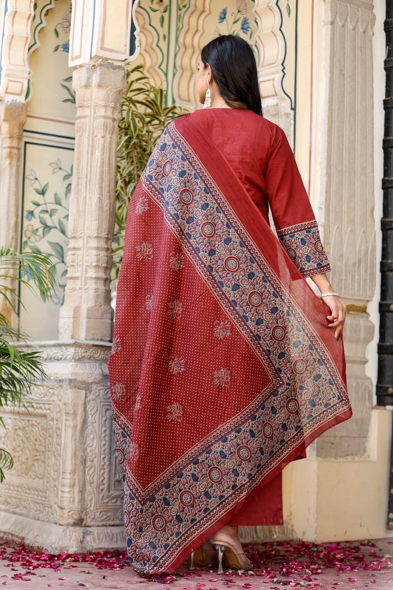 Stylum Women's Ajrakh Printed Cotton A-Line Kurta Pant Dupatta Set - Image 2