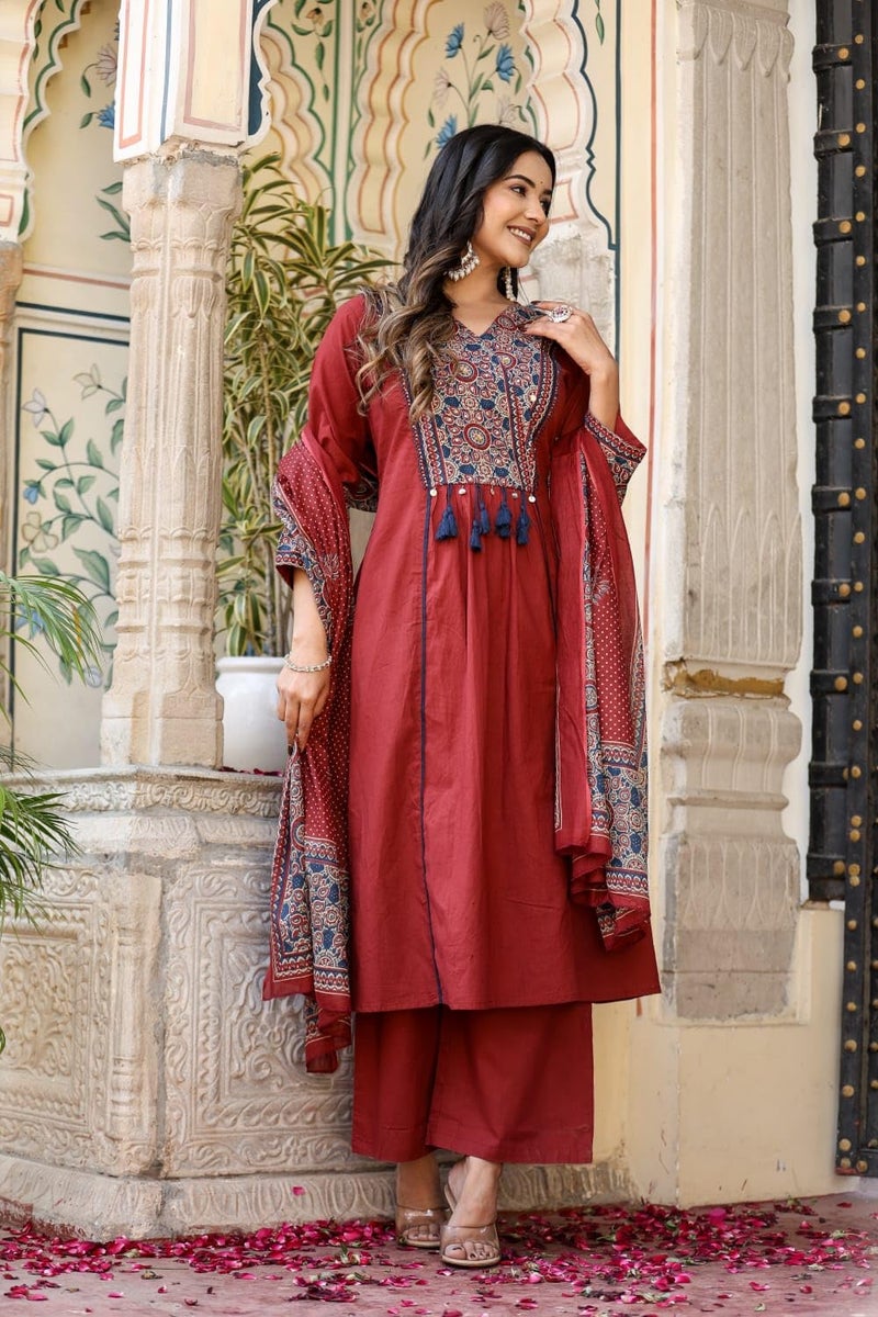 Stylum Women's Ajrakh Printed Cotton A-Line Kurta Pant Dupatta Set - Image 4