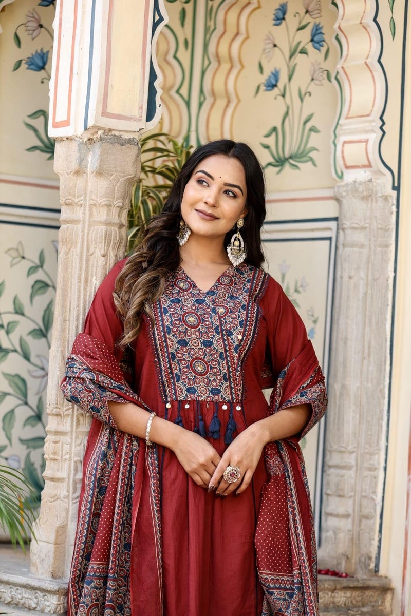 Stylum Women's Ajrakh Printed Cotton A-Line Kurta Pant Dupatta Set - Image 5