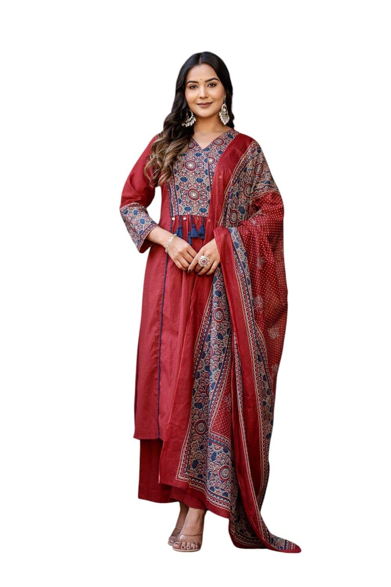 Stylum Women's Ajrakh Printed Cotton A-Line Kurta Pant Dupatta Set - Image 1