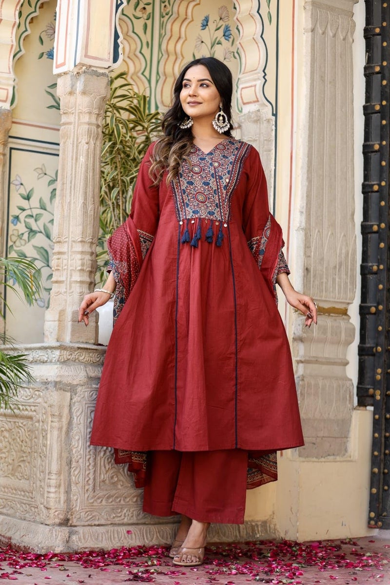 Stylum Women's Ajrakh Printed Cotton A-Line Kurta Pant Dupatta Set - Image 3