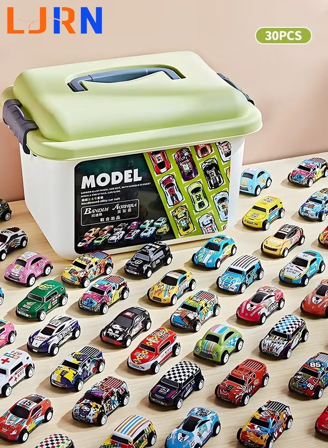 LJRN 30 Pack Pull Back Toy Cars with Storage Box, Back to Force Toy Cars, Alloy Cast Mini Die-Cast Race Cars Vehicles Bulk, Party Favor Cars Toys, Best Gifts for Toddlers - Image 1