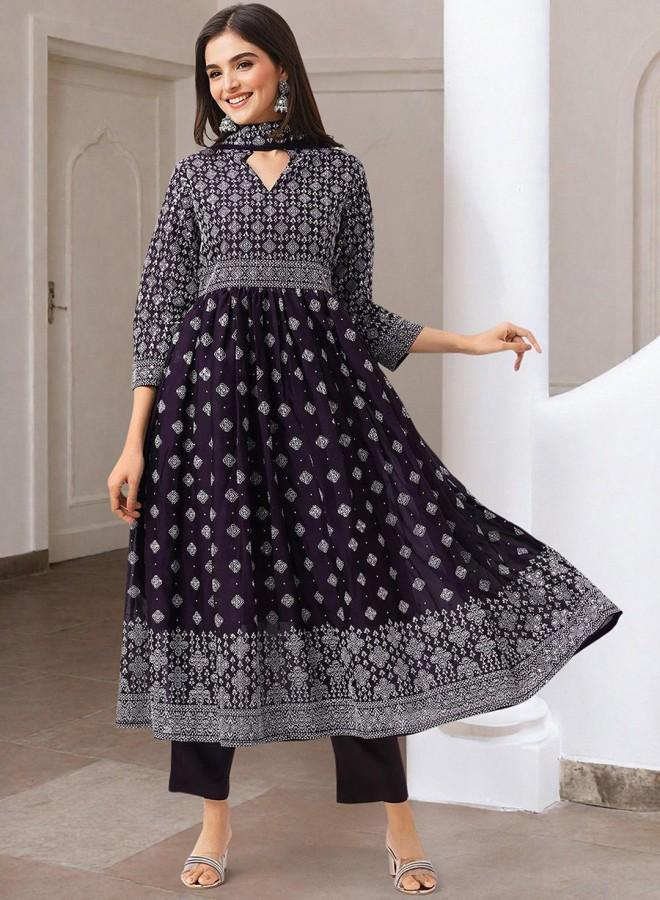 ISHIN Women'S Purple Georgette Embroidered Tunic Full Length Palazzo Straight Fit Kurta Set - Image 1