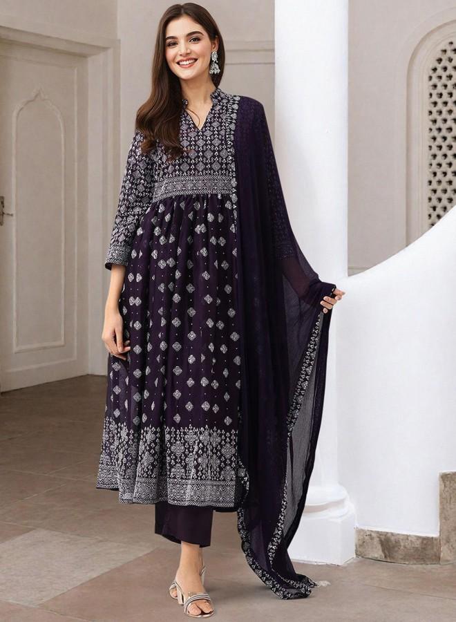 ISHIN Women'S Purple Georgette Embroidered Tunic Full Length Palazzo Straight Fit Kurta Set - Image 2