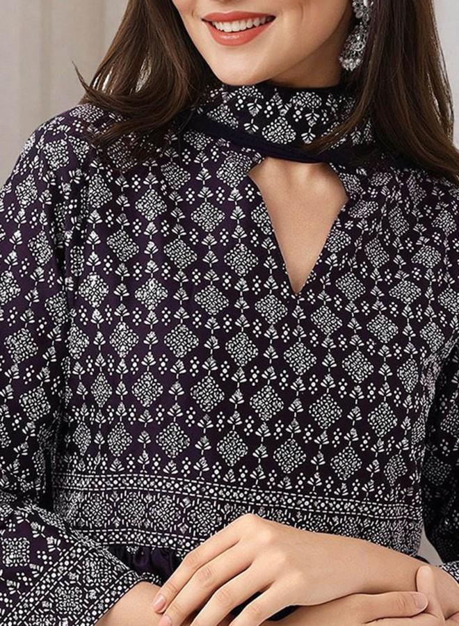 ISHIN Women'S Purple Georgette Embroidered Tunic Full Length Palazzo Straight Fit Kurta Set - Image 3