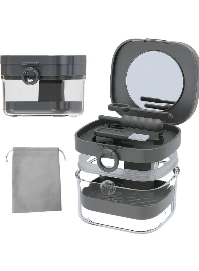 Denture Case Retainer Cleaning Case with Retainer Removal Tool and Brush, No-Leak Denture Bath Box Cup, Complete Clean Care for Clear Braces, Mouth Guard, Night Guard & Retainers (Grey) - Image 1