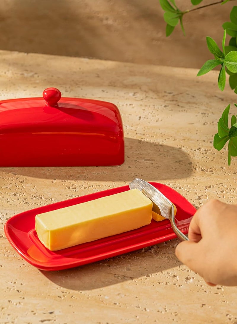 Sweese Butter Dish with Lid, Porcelain Butter Keeper, 7.8 Inch Butter Holder with Handle Cover, Butter Container Perfect for East West Coast Butter, Red - Image 5