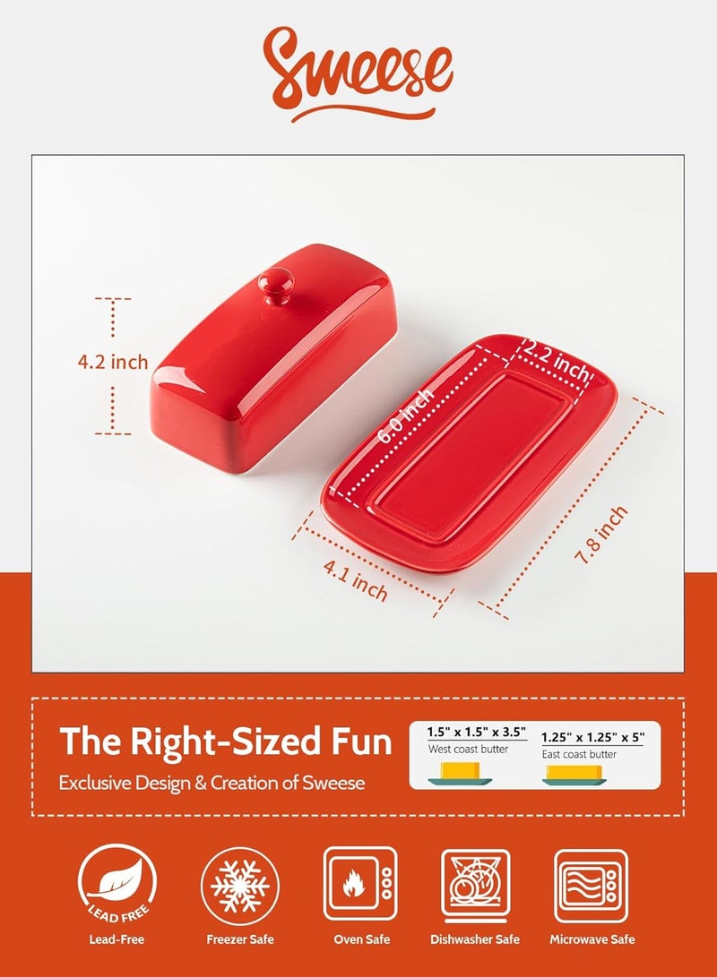 Sweese Butter Dish with Lid, Porcelain Butter Keeper, 7.8 Inch Butter Holder with Handle Cover, Butter Container Perfect for East West Coast Butter, Red - Image 2