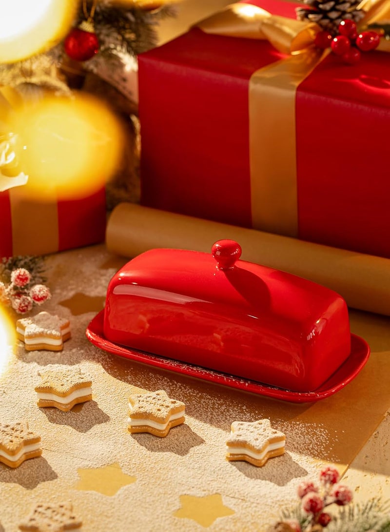 Sweese Butter Dish with Lid, Porcelain Butter Keeper, 7.8 Inch Butter Holder with Handle Cover, Butter Container Perfect for East West Coast Butter, Red - Image 3