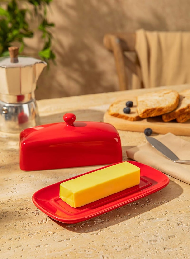 Sweese Butter Dish with Lid, Porcelain Butter Keeper, 7.8 Inch Butter Holder with Handle Cover, Butter Container Perfect for East West Coast Butter, Red - Image 4
