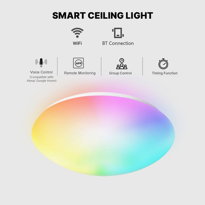 مصباح سقفي سكني ذكي: ألوان RGB وأبيض من 2700K إلى 6500K، اتصال Wi-Fi وبيوتا بدون حاجة إلى مركز تحكم - تحكم صوتي وبتطبيق عن بُعد، ملايين الألوان قابلة للتوهج منزليًا للغرفة النوم والغرفة المعيشة - Image 5