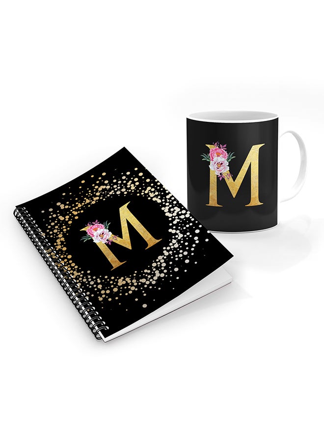 Stylizedd Printed Coffee Mug + A5 Spiral Notebook Memo Personalised Combo Gift Set Custom Monogram Initial Letter Floral Pattern Alphabet -  M (Black)