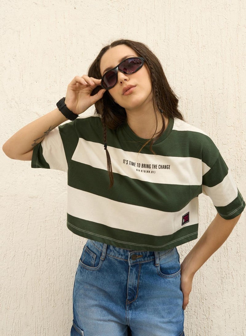 Hubberholme Boxy Green Striped Round Neck T-Shirt for Women  - Image 2