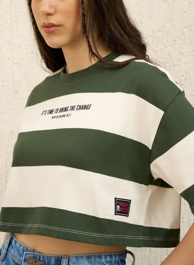 Hubberholme Boxy Green Striped Round Neck T-Shirt for Women  - Image 5