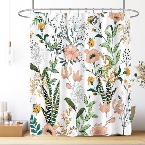 BayNook Vintage Boho Floral Shower Curtain, Green Pink Spring Summer Flower Tropical Leaves Plant Shower Curtains for Cute Fun Botanical Bathroom Decor, 72x72 - Image 3