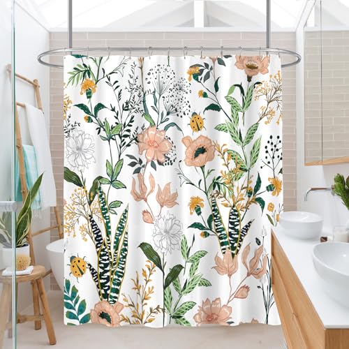 BayNook Vintage Boho Floral Shower Curtain, Green Pink Spring Summer Flower Tropical Leaves Plant Shower Curtains for Cute Fun Botanical Bathroom Decor, 72x72 - Image 2