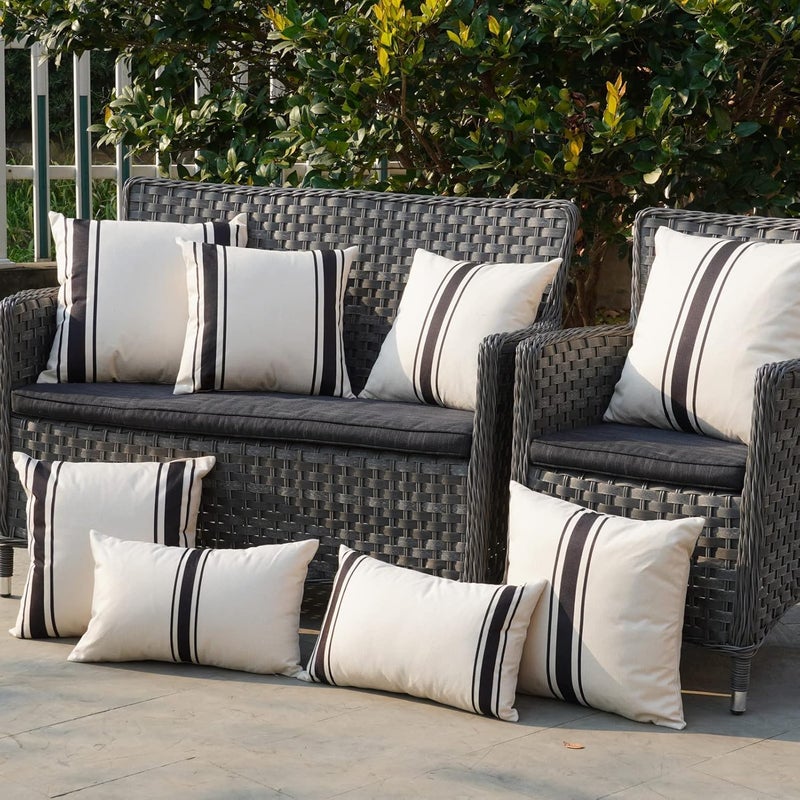 ONWAY Outdoor Pillow Covers Waterproof 16x16 Set of 2 Decorative Linen Throw Pillow Cover Beige and Black Striped Outdoor Pillows for Patio Furniture - Image 5