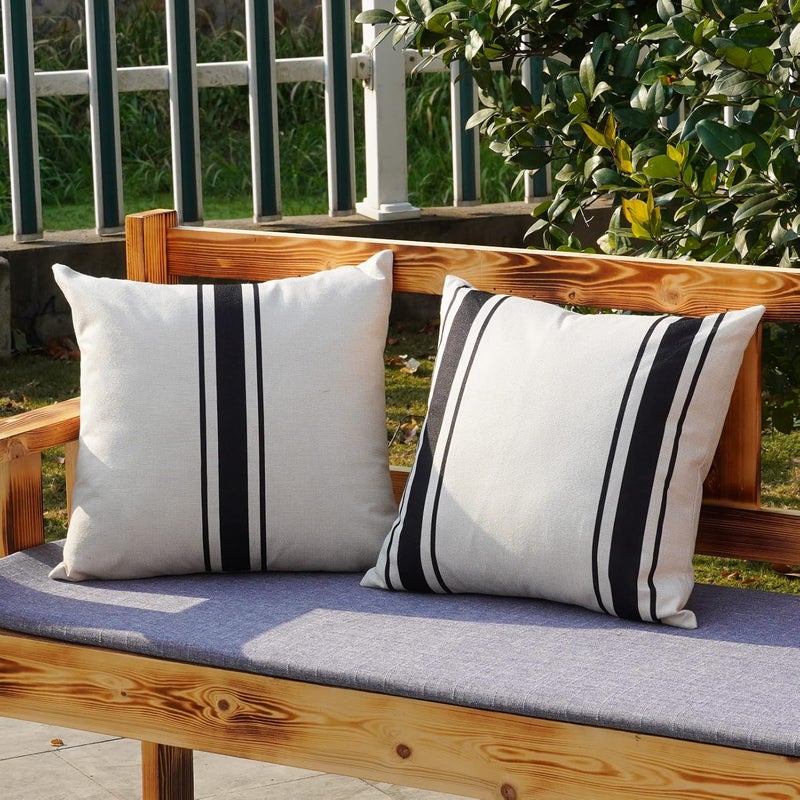 ONWAY Outdoor Pillow Covers Waterproof 16x16 Set of 2 Decorative Linen Throw Pillow Cover Beige and Black Striped Outdoor Pillows for Patio Furniture - Image 1