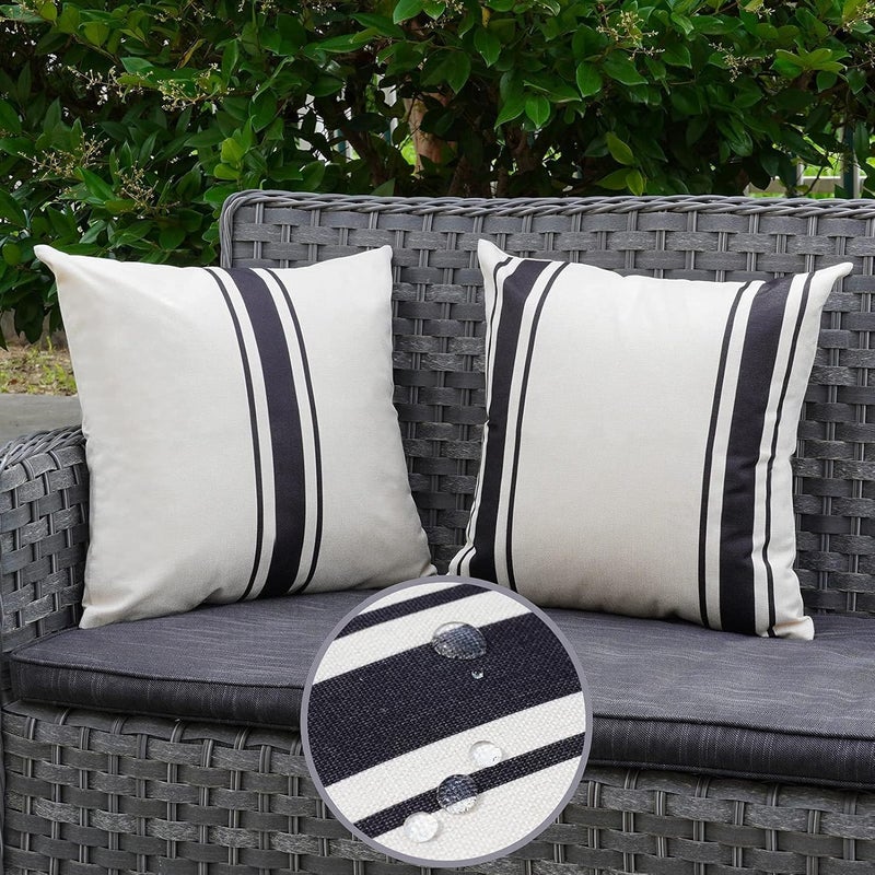 ONWAY Outdoor Pillow Covers Waterproof 16x16 Set of 2 Decorative Linen Throw Pillow Cover Beige and Black Striped Outdoor Pillows for Patio Furniture - Image 4