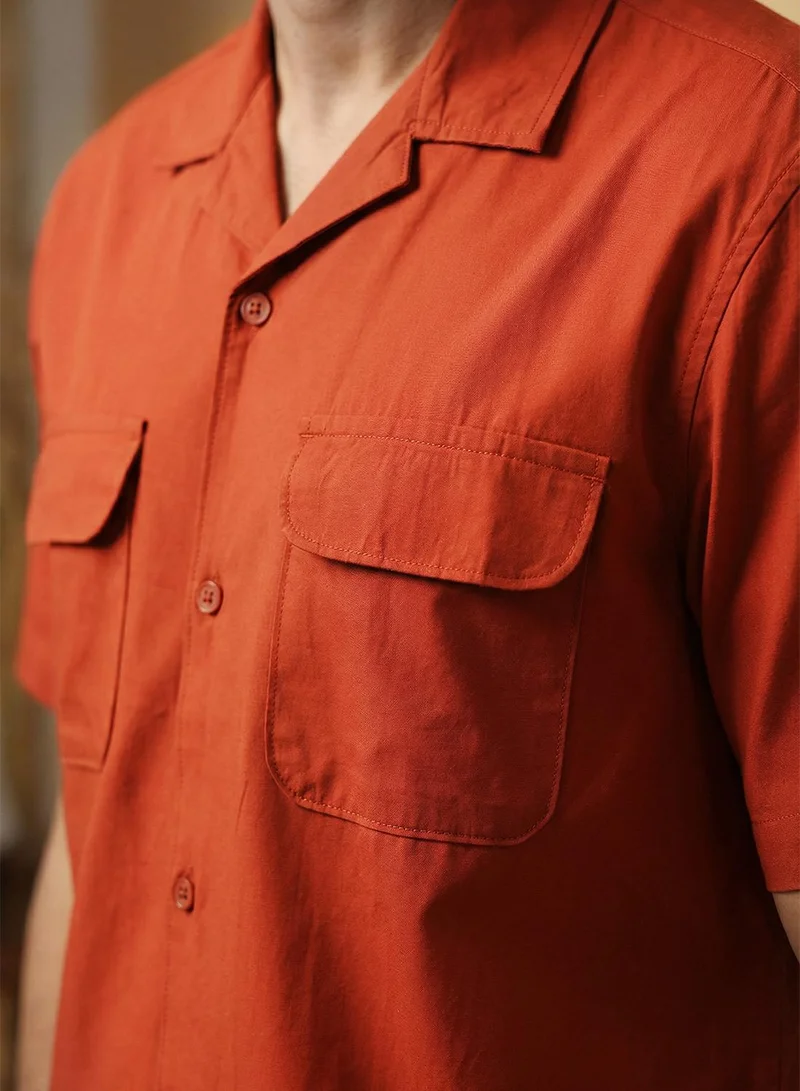 دينيس لينغو Men Rust Cotton Solid Print Button Down Relaxed Shirt