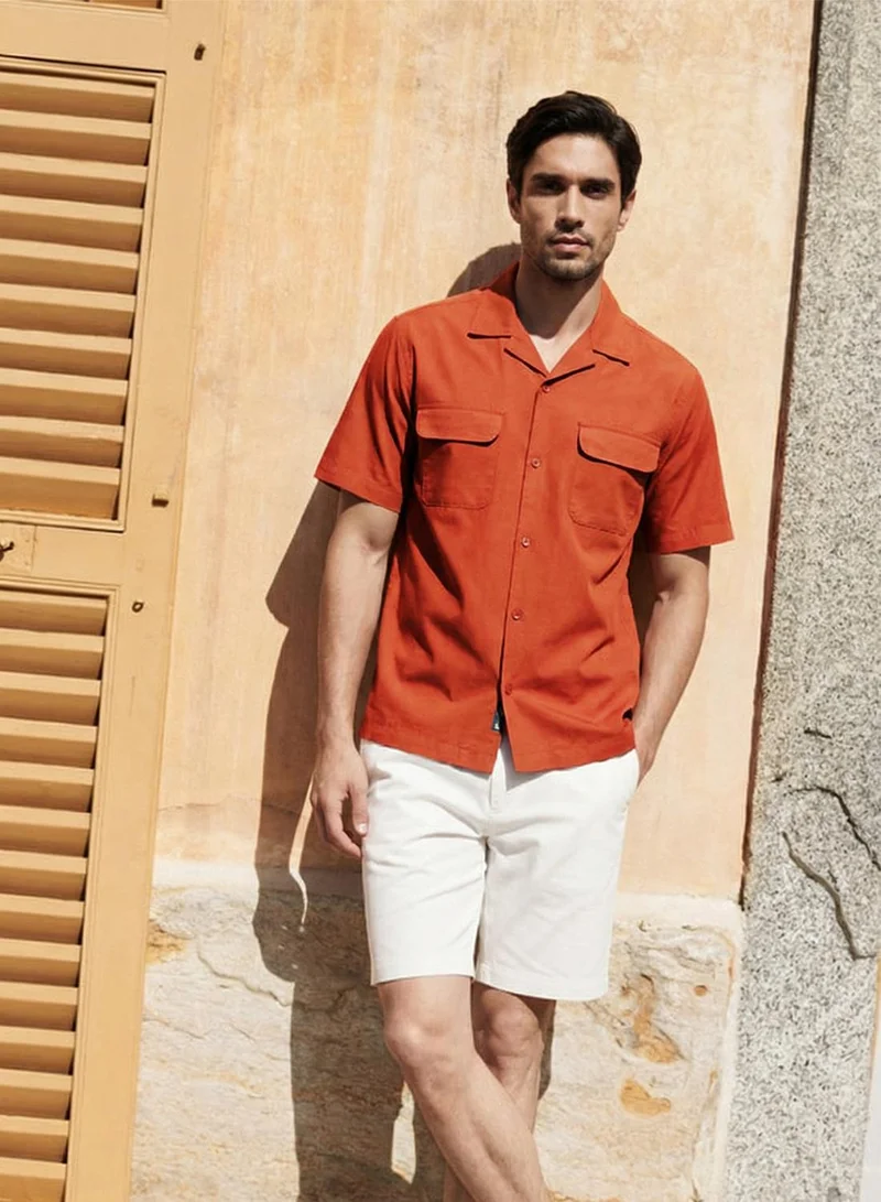 دينيس لينغو Men Rust Cotton Solid Print Button Down Relaxed Shirt