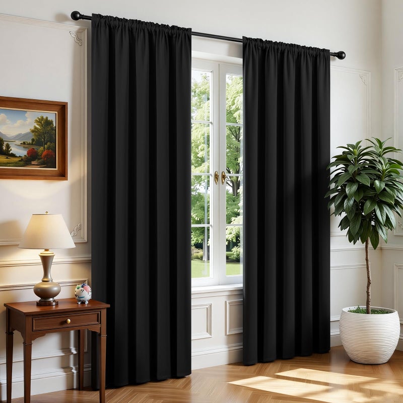 CUCRAF Black Blackout Curtains 96 inch Length 2 Panels Set, Rod Pocket Room Darkening Drapes for Bedroom Living Room, Insulated Thermal Light Blocking Window Curtain (W52 x L96 Inch) - Image 1