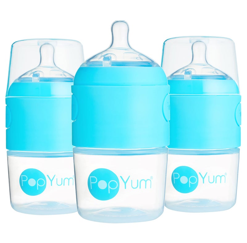 PopYum 5 oz Blue Anti-Colic Formula Making/Mixing/Dispenser Baby Bottles, 3-Pack with #1 Slow Flow Nipples, 150 ml, BPA-Free, Natural Latch - Image 1