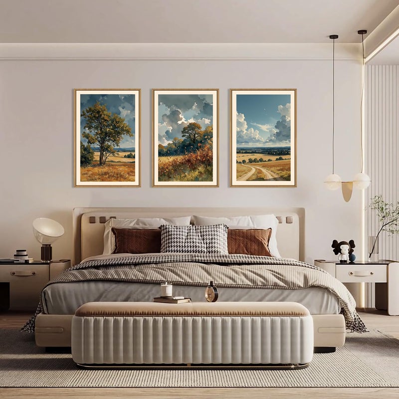 KAIRNE Farmhouse Landscape Wall Art Set of 3, Nature Country Scenery Art Prints, Blue Vintage Watercolor Wall Decor, Rustic Wilderness Paintings for Living Room, Bedroom, Office, 16x24 Inch - Image 3
