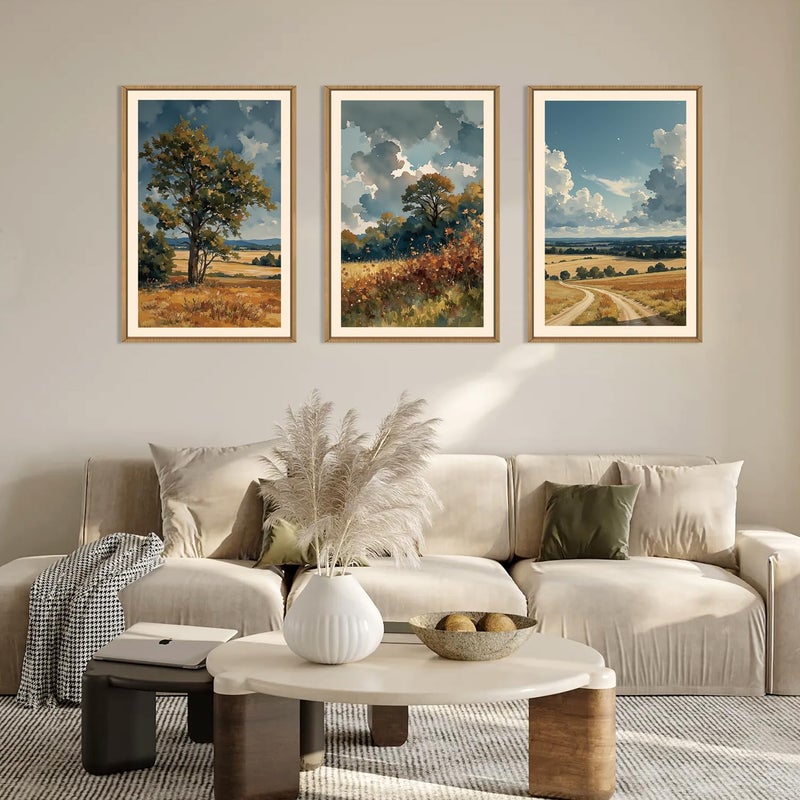 KAIRNE Farmhouse Landscape Wall Art Set of 3, Nature Country Scenery Art Prints, Blue Vintage Watercolor Wall Decor, Rustic Wilderness Paintings for Living Room, Bedroom, Office, 16x24 Inch - Image 2